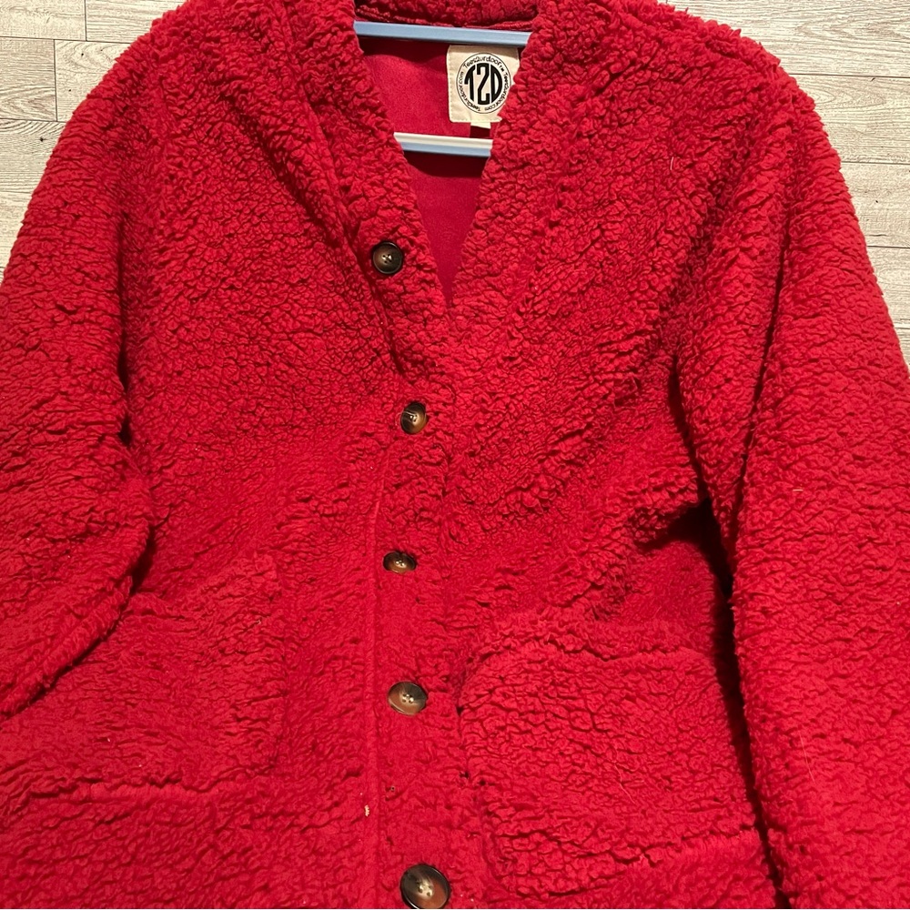 Women’s Red fuzzy button up sweater size Large